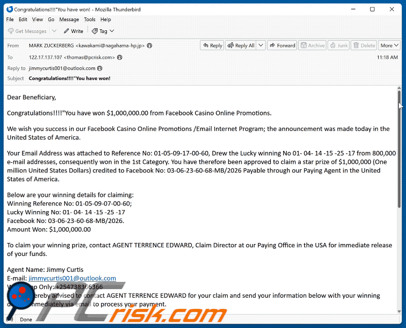 Correo electrónico fraudulento Facebook Casino Online Promotions (GIF)