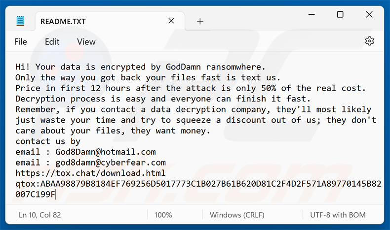 Nota de rescate de GodDamn ransomware (README.TXT)