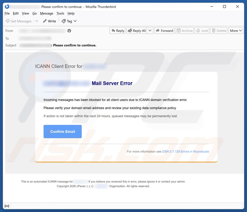 Campaña de spam por correo electrónico ICANN Client Error