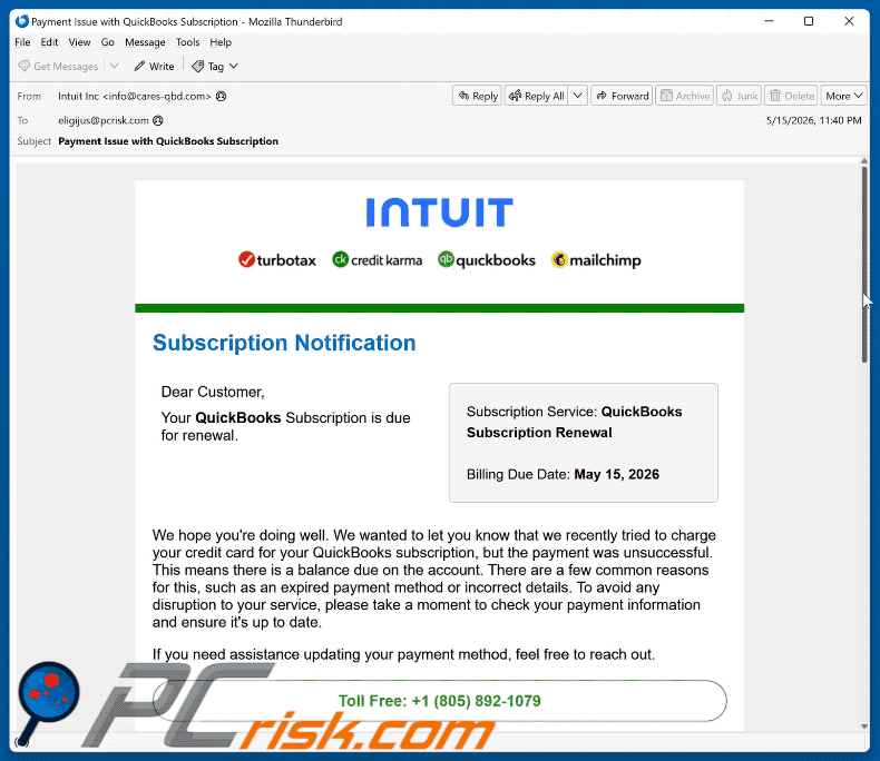 Correo electrónico de estafa Intuit QuickBooks Subscription Is Due For Renewal (GIF)