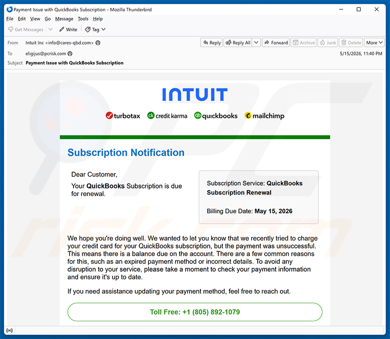 Campaña de spam por correo electrónico Intuit QuickBooks Subscription Is Due For Renewal