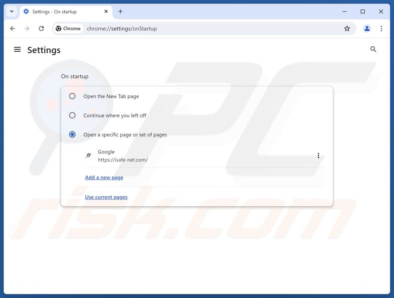 Eliminando isafe-net.com de la página de inicio de Google Chrome