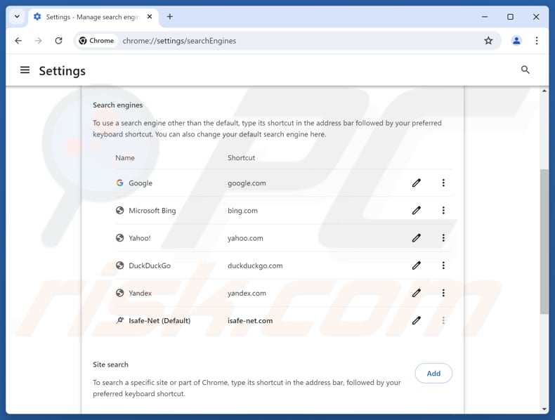 Eliminando isafe-net.com del motor de búsqueda predeterminado de Google Chrome