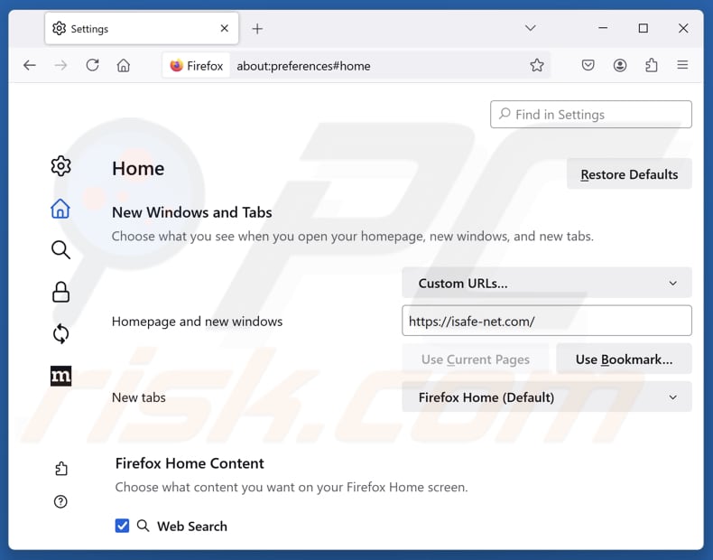 Eliminando isafe-net.com de la página de inicio de Mozilla Firefox