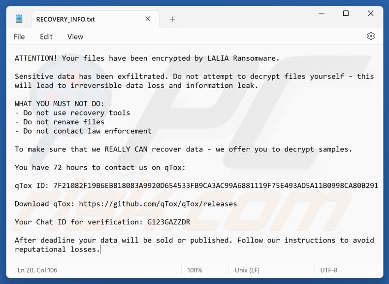 Archivo de texto del ransomware Lalia (RECOVERY_INFO.txt)