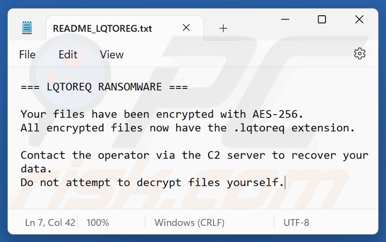 Archivo de texto del ransomware LQTOREQ (README_LQTOREG.txt)