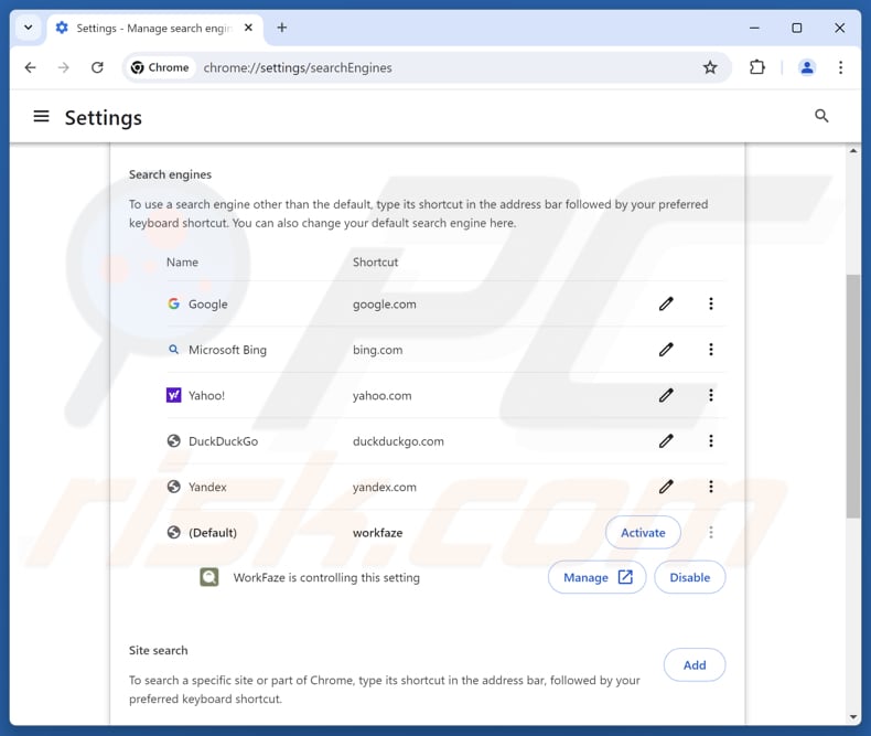 Eliminando myworkfaze.com del motor de búsqueda predeterminado de Google Chrome