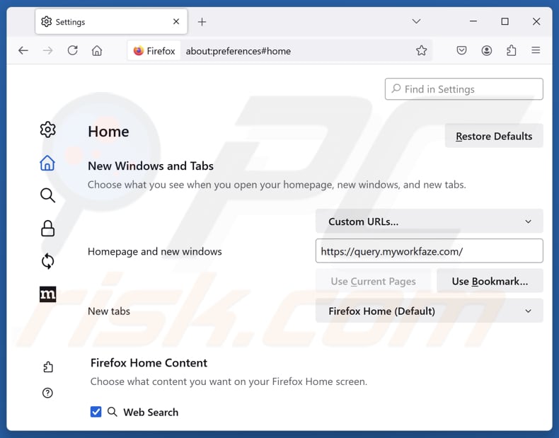Eliminando myworkfaze.com de la página de inicio de Mozilla Firefox