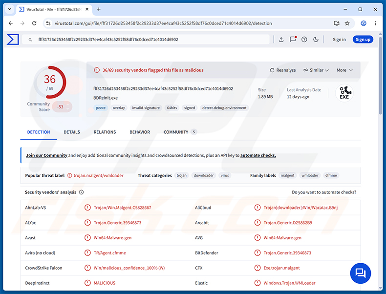 Detecciones del malware NANOREMOTE en VirusTotal