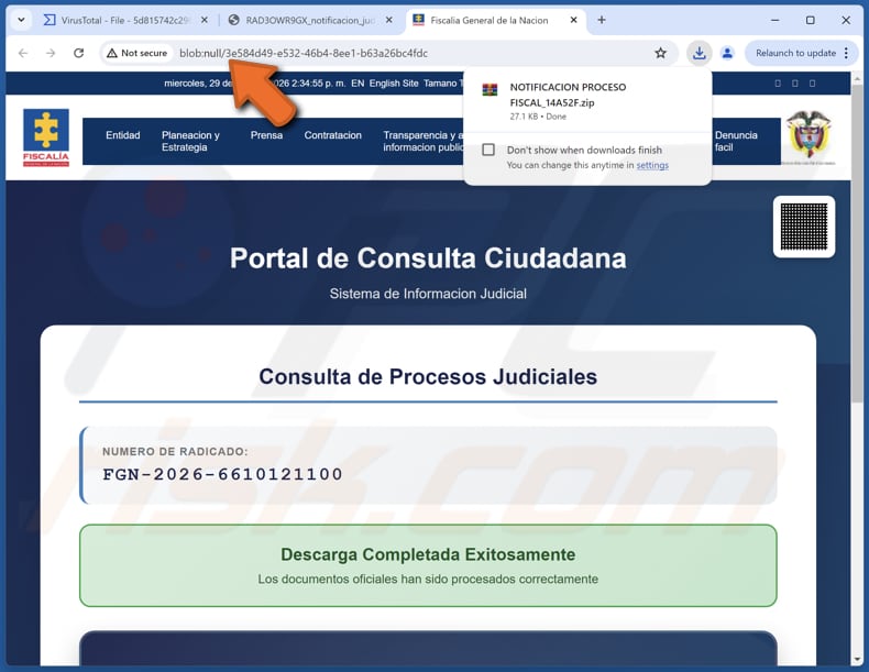 URL blob del malware NexusRAT abierta mediante el archivo adjunto