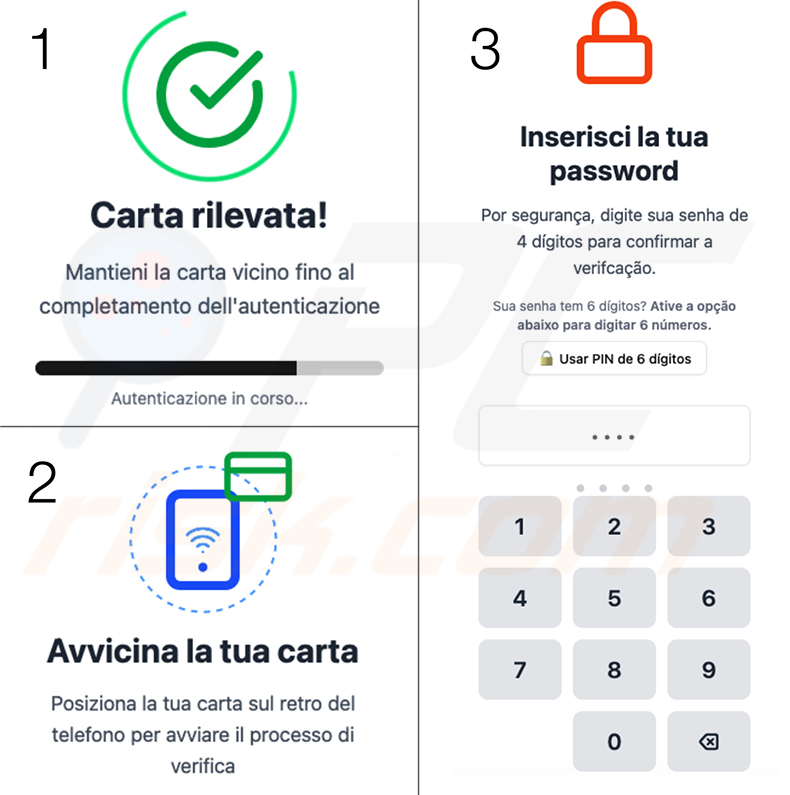 Troyano bancario NFCShare pantalla falsa de verificación de tarjeta NFC - variante en italiano dirigida a Italia
