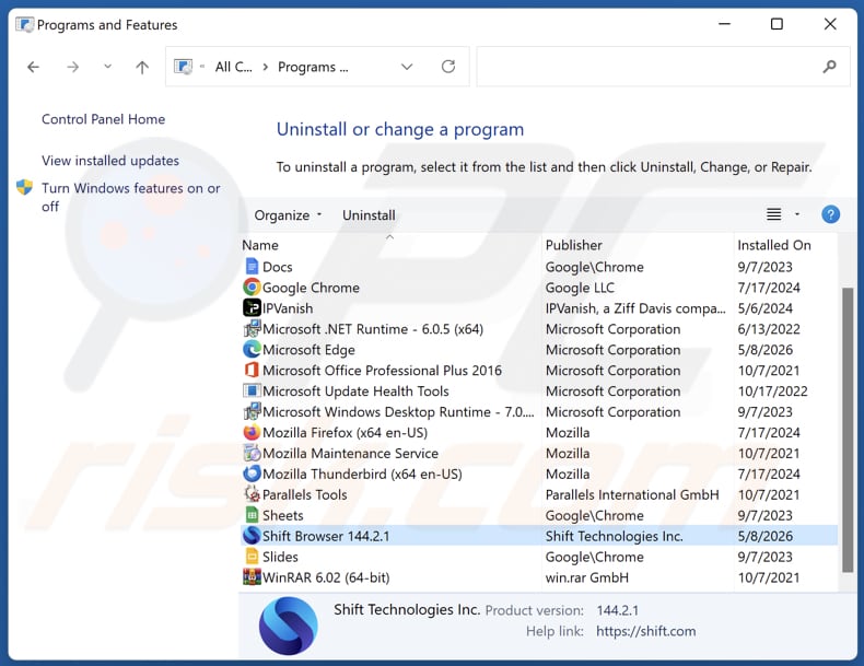 Desinstalar Shift a través del Panel de control