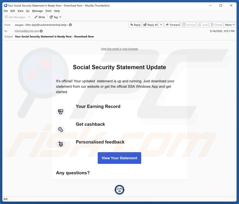 Campaña de spam por correo electrónico Social Security Statement Update