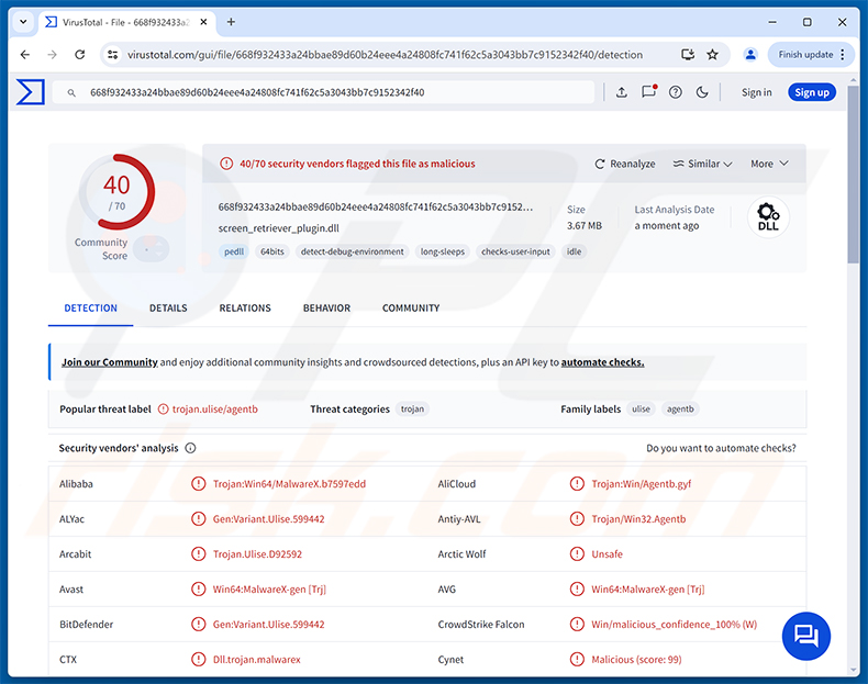 Detecciones del malware TCLBanker en VirusTotal
