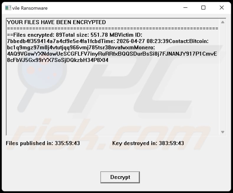 Mensaje emergente del ransomware Vile