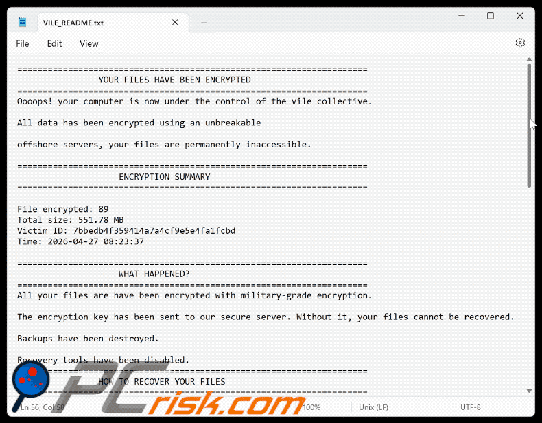 Archivo de texto del ransomware Vile (VILE_README.txt)