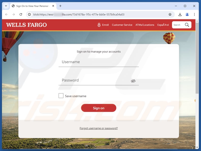 Sitio web falso de la estafa por correo electrónico Wells Fargo - Unauthorized Charges