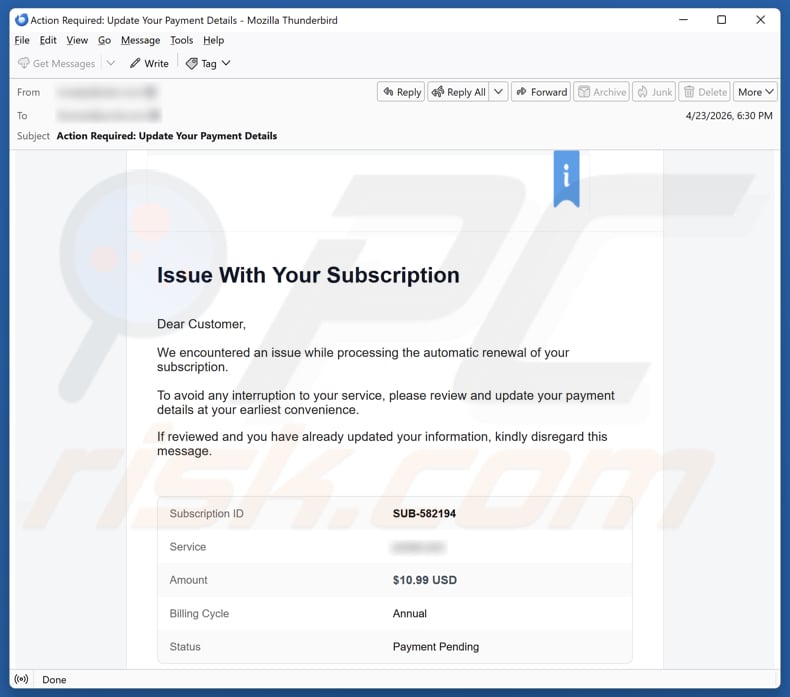Campaña de spam por correo electrónico Wix Subscription Renewal