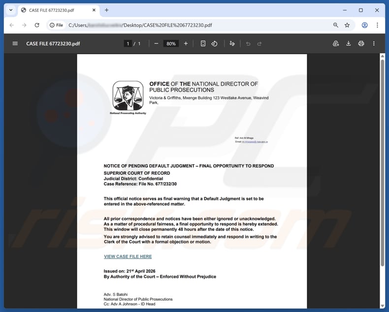 Archivo adjunto de la estafa por correo electrónico You Have Been Served With A Court Letter