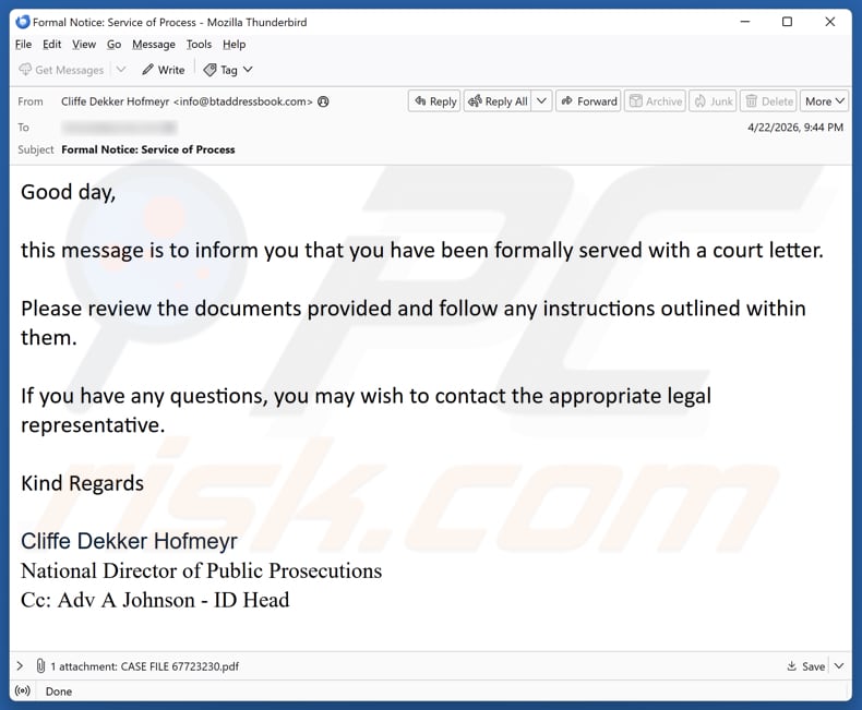 Campaña de spam por correo electrónico You Have Been Served With A Court Letter