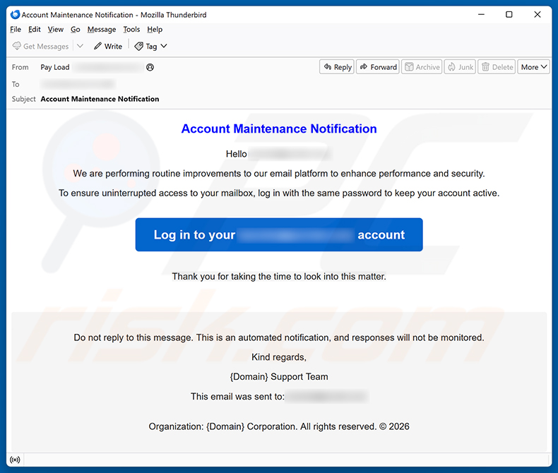 Campaña de spam por correo electrónico Account Maintenance Notification