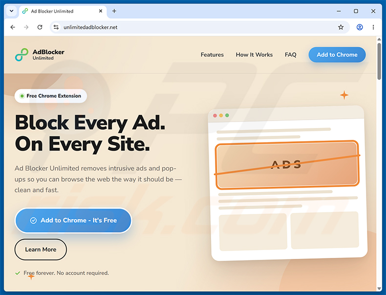 Sitio web que promociona la extensión Ad Blocker Unlimited (muestra 1)