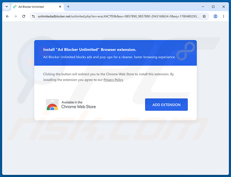 Sitio web que promociona la extensión Ad Blocker Unlimited (muestra 2)