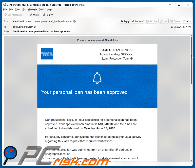 Correo electrónico de estafa American Express - Personal Loan Approved (GIF)