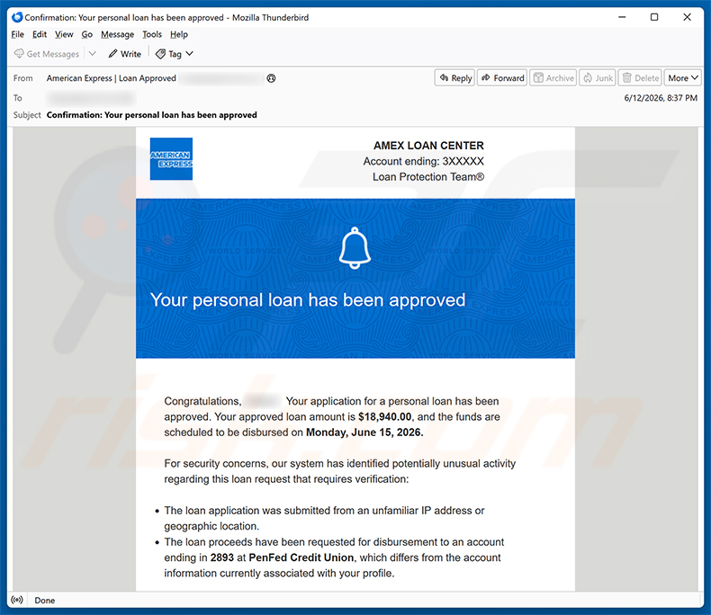 Campaña de spam por correo electrónico American Express - Personal Loan Approved