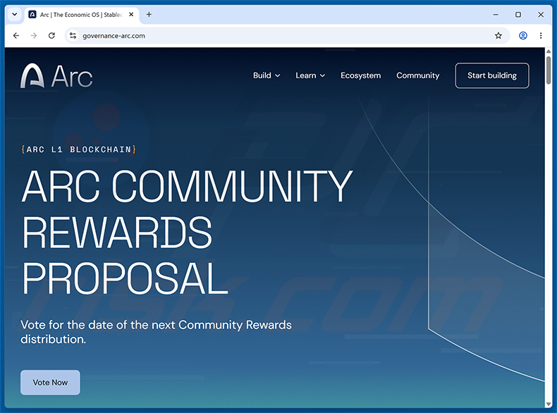 Sitio web de la estafa Arc Community Rewards (governance-arc[.]com)
