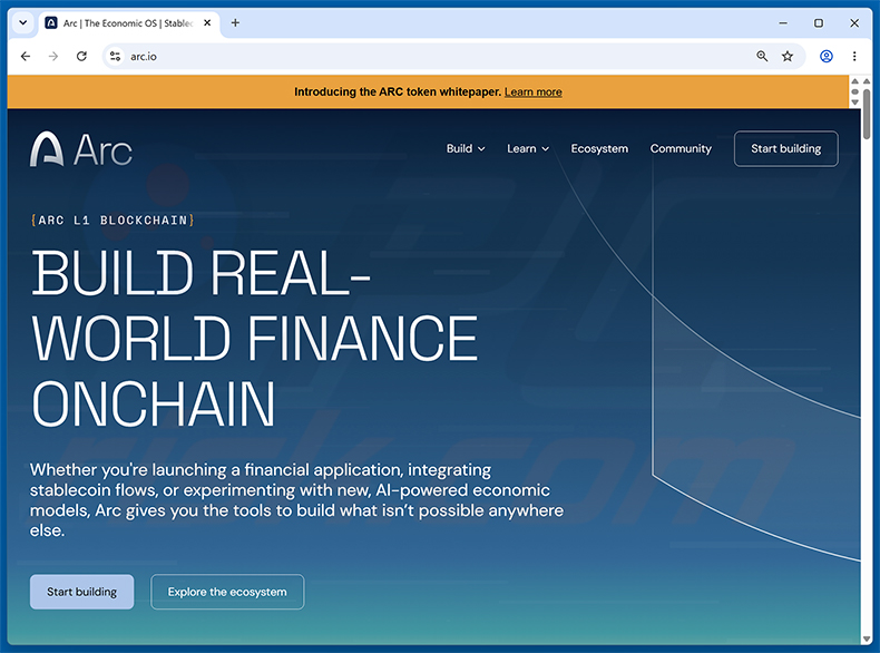 Sitio web real de Arc Community Rewards Scam (arc.io)