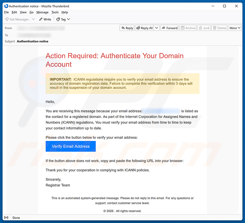 Campaña de spam por correo electrónico Authenticate Your Domain Account