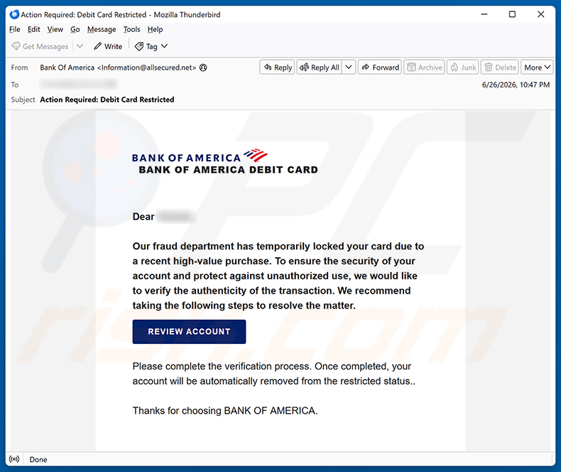 Campaña de spam por correo electrónico Bank Of America Card Locked