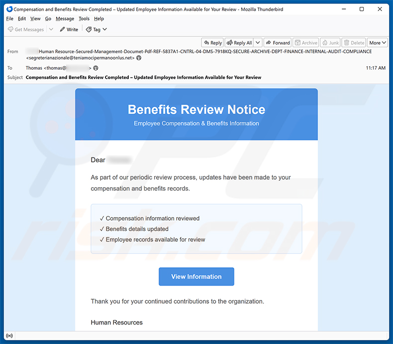 Campaña de spam por correo electrónico Benefits Review Notice