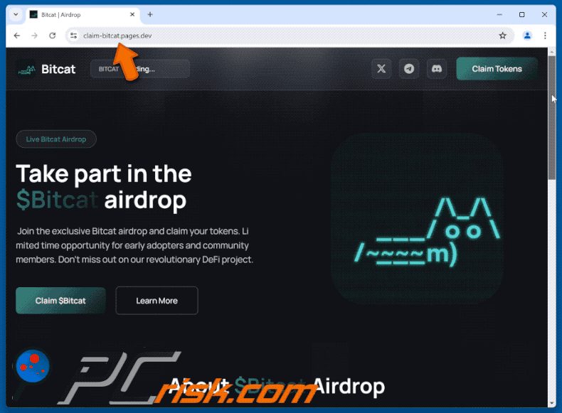 Apariencia de la estafa de airdrop $Bitcat (claim-bitcat.pages[.]dev) (GIF)