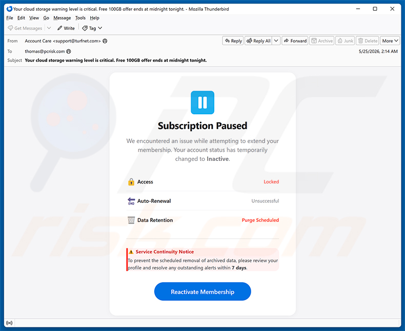 Campaña de spam por correo electrónico Cloud Subscription Paused