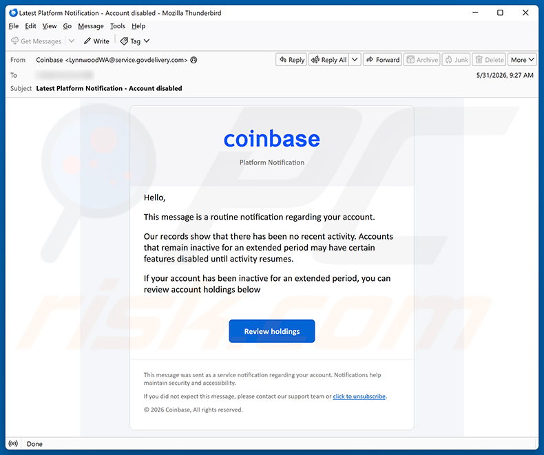 Campaña de spam por correo electrónico de Coinbase - Disablement Of Inactive Accounts estafa por correo electrónico