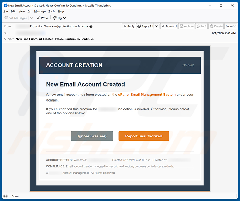 Campaña de spam por correo electrónico cPanel Account Creation