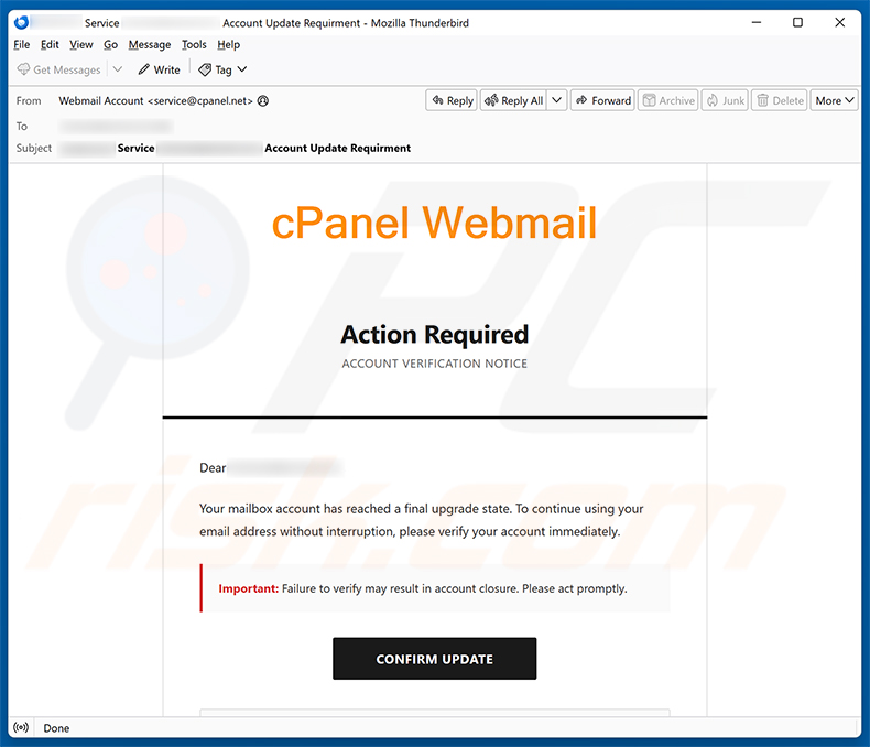 campaña de spam por correo electrónico cPanel Final Account Upgrade State