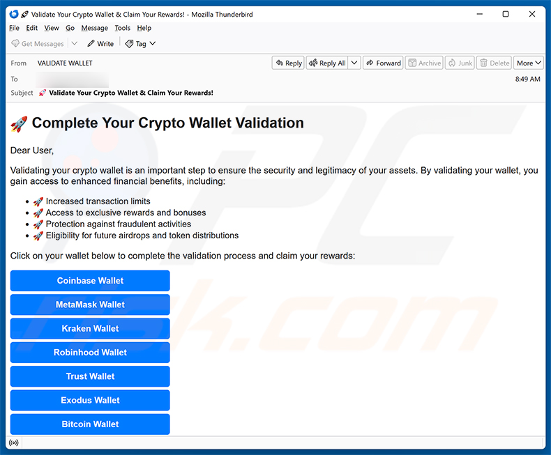Campaña de spam por correo electrónico Crypto Wallet Validation
