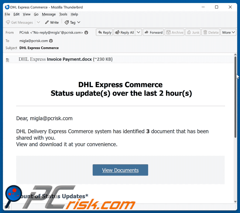 Estafa por correo electrónico DHL Express Commerce Status Update (GIF)