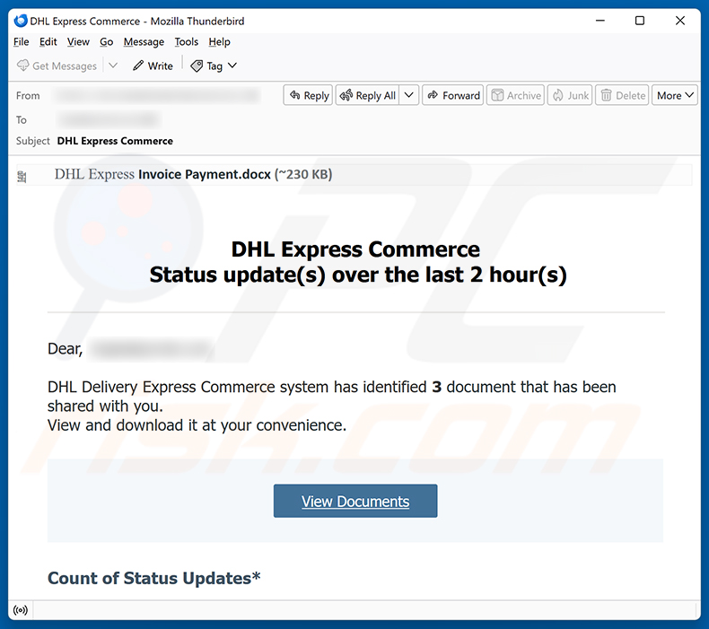 Campaña de spam por correo electrónico DHL Express Commerce Status Update estafa por correo electrónico