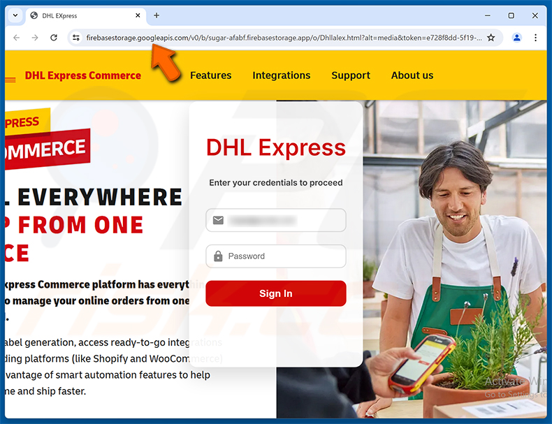 Página de phishing DHL Express Commerce Status Update