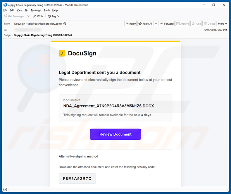 Campaña de spam por correo electrónico DocuSign - Legal Department Document