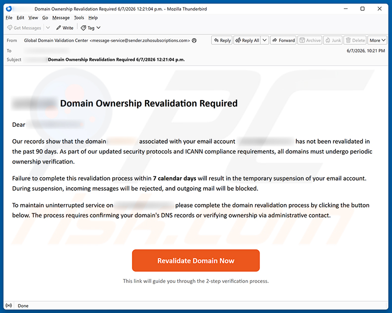Campaña de spam por correo electrónico Domain Ownership Revalidation Required