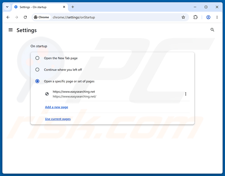 Eliminando easysearching.net de la página de inicio de Google Chrome