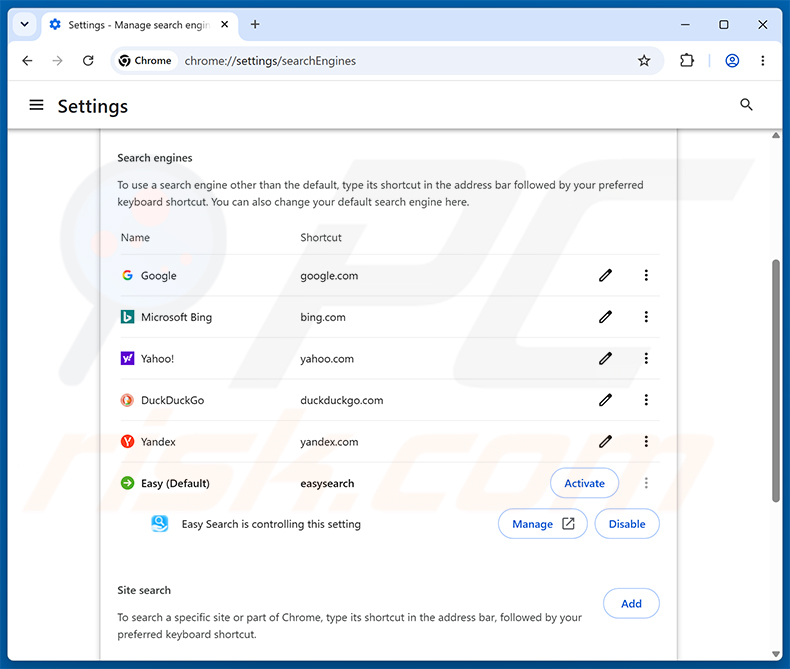Eliminando easysearching.net del motor de búsqueda predeterminado de Google Chrome