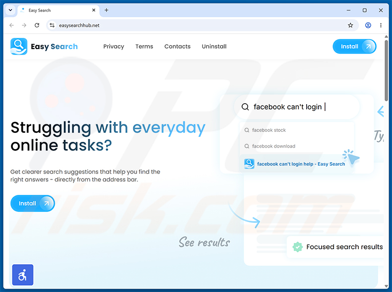 Sitio web utilizado para promocionar el secuestrador de navegador Easy Search (muestra 1)