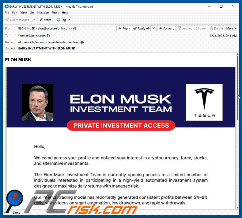 Apariencia completa del correo electrónico de estafa Elon Musk Investment Team