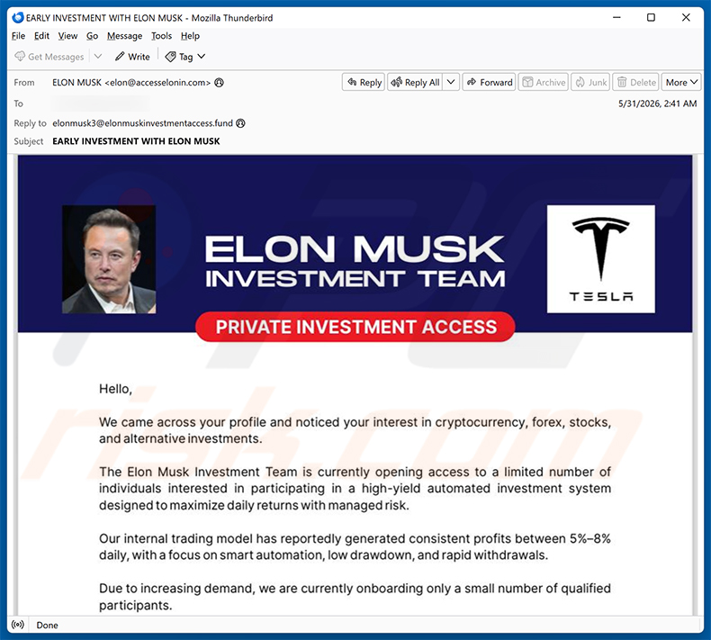 Campaña de spam por correo electrónico Elon Musk Investment Team